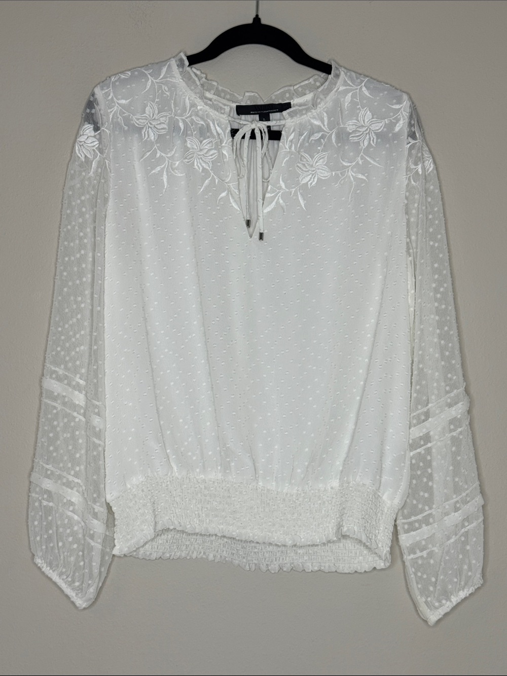 White House Black Market White Embroidered Swiss DotTie-Neck Blouse